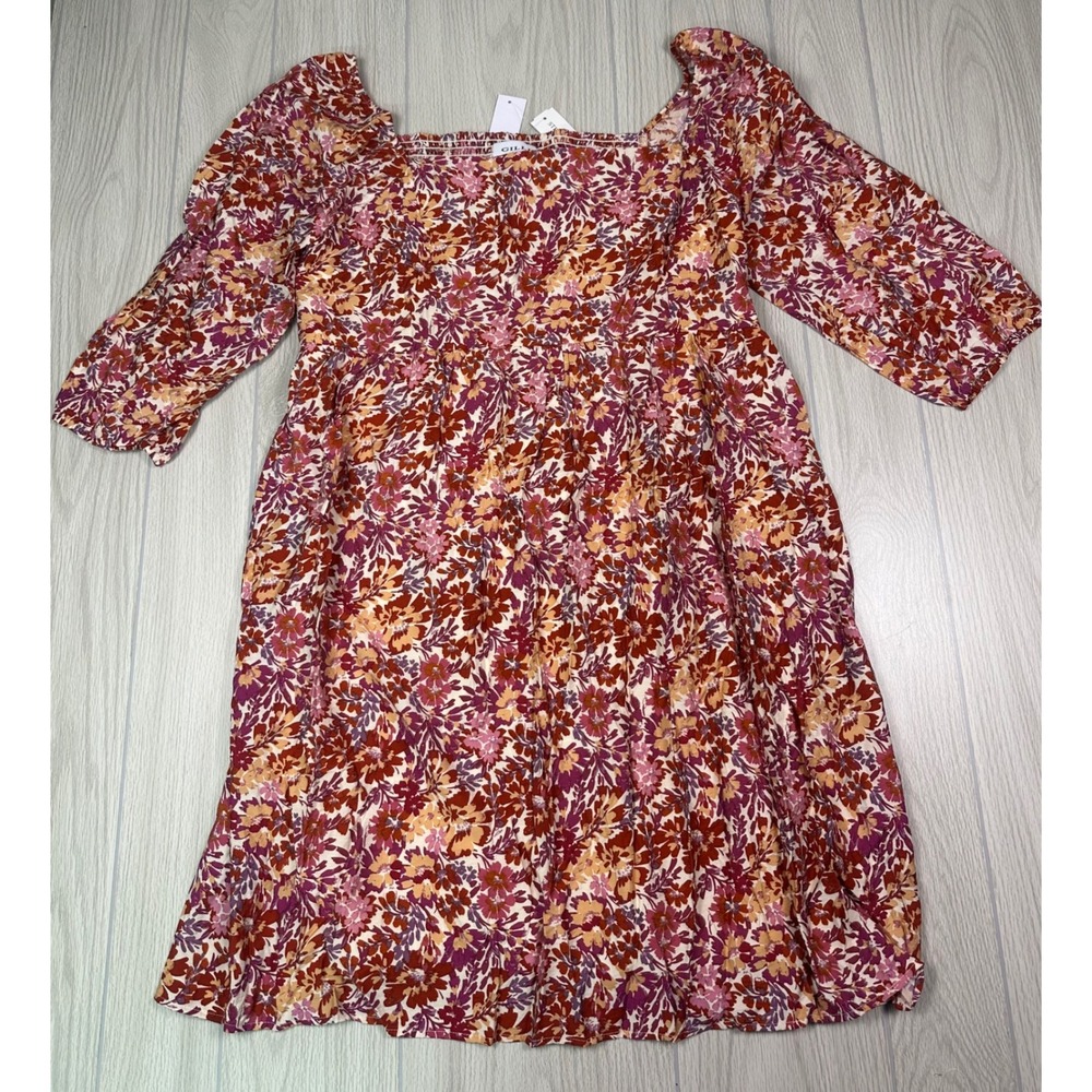 Gilli Floral Midi Dress in Burgundy, Mustard & Pink